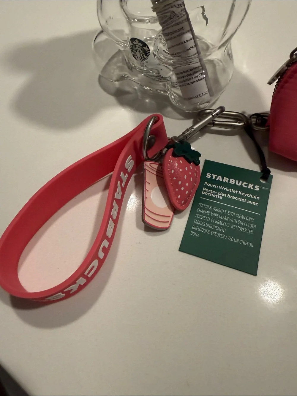 Starbucks Bundle Strawberry Bearista Cup and Wristlet Pouch with Charm Keyring